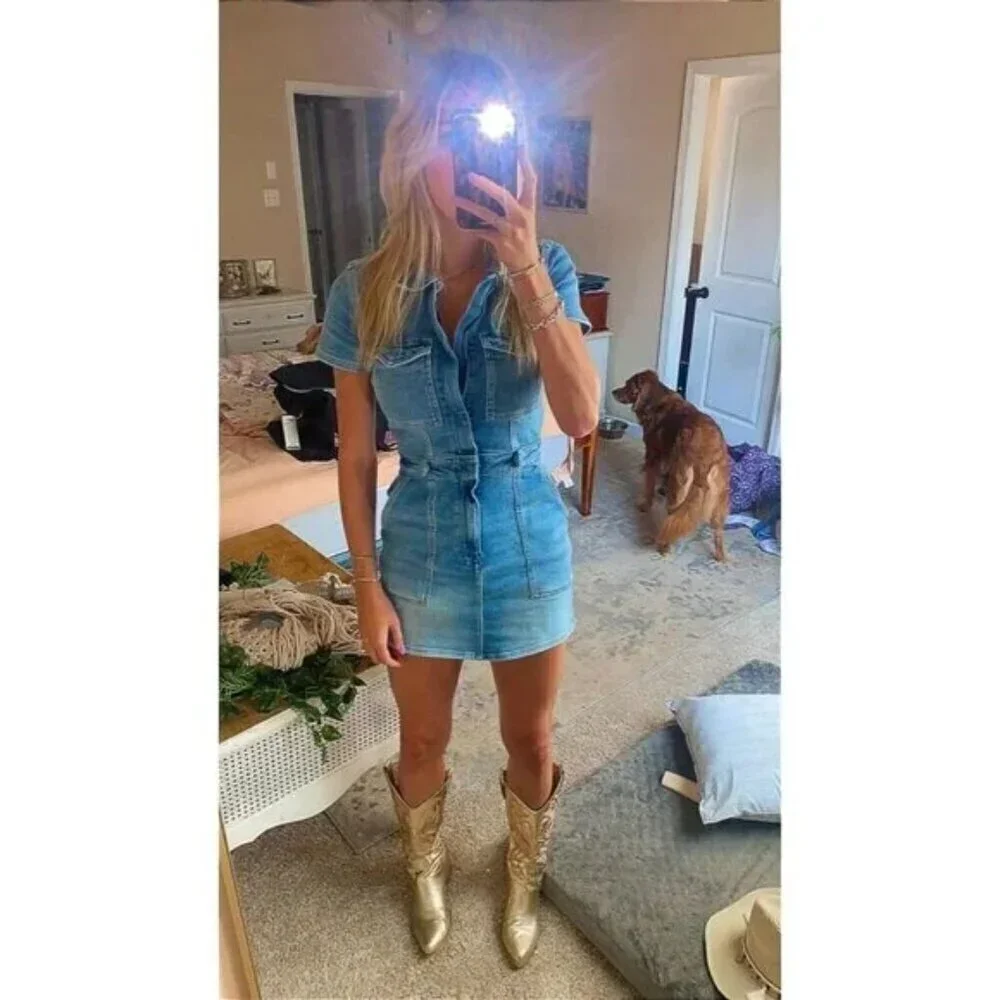 GOOD AMERICAN Fit for Success Denim Utility Dress Denim Medium Blue Size Small - Picture 14 of 16